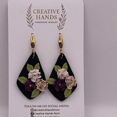 Handmade 3D Rose Floral Earrings Black Diamond Polymer Clay Gold Studs