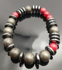 Unisex Matte Hematite Polished Hematite Cinnabar Beaded Bracelet