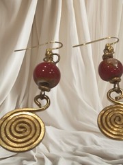 Ladies Earrings With A Maroon Stone/ Brass A Dangle Round Brass Design Gift Idea