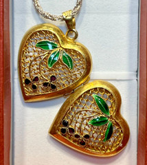 Vintage Sterling Silver 925 Heart Locket Necklace Guilloche Enamel Cherry Sprig