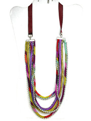 Rainbow Multi Strand Fabric and Silver Bead Necklace Artisan Made 27 + 29.5 Long