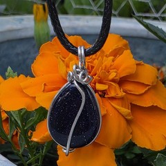 Hand Wire Wrapped Blue Goldstone Necklace, Black Cord, Teardrop Shaped Pendant