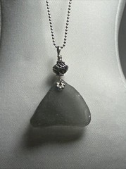 Sea Glass Grey Necklace Silver Plated Ball Chain 18” W/Extender Antiqued Bead