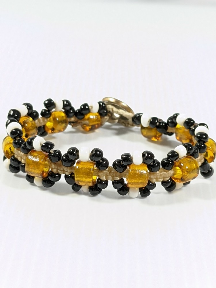 Artisan Black White Tan Glass Bead Woven Cord Bracelet 7 inches