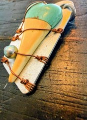 Blonde Shark Tooth Pendant Turquoise Wrapped Copper Handmade Artisan Signed