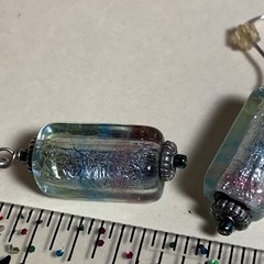 Silver Foil Cased Glass Cylinder w/Blue-Pink Stripe Drop Dangle Earrings 2” .925