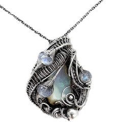 Rough Ethiopian Welo Opal Necklace with Rainbow Moonstone, Sterling Silver Wrap