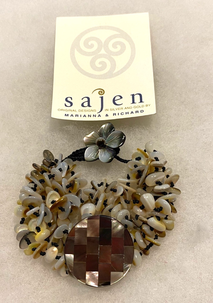 Sajen Shell Four Strand Bracelet with Center Disk- 8 Inches Long