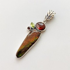 Hessonite Garnet Ammolite Gemstone Sterling Silver Organic Teardrop Pendant