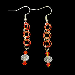 Orange & Silver Tone Chainmaille Earrings w/Orange & Clear Crystals, 2.25 in.