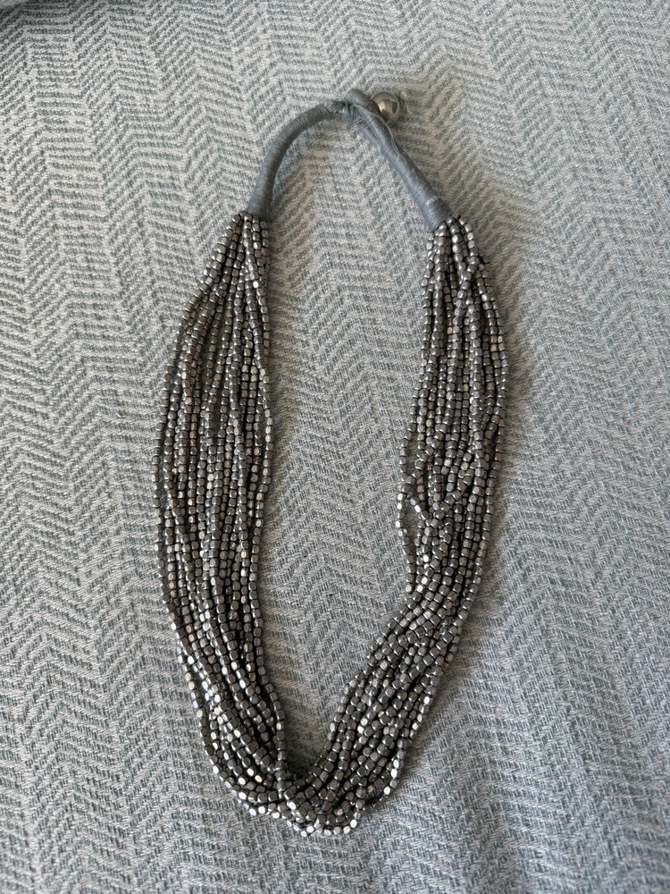 Silver Beaded Necklace 14 strand Statement Piece Tribal Shiny Layered Necklace