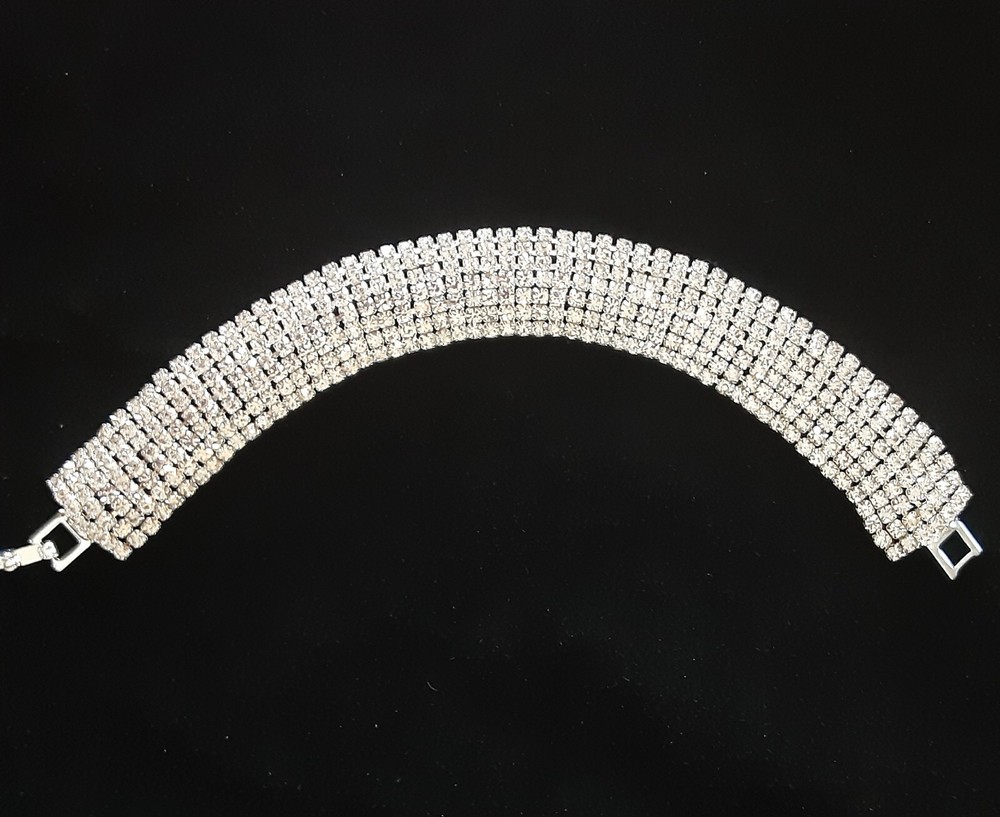 7-row CURVATURE FACETED Rhinestone BRACLET free GIFT BOX SILVER TONE 7 IN #MG14