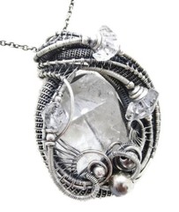 Quartz Pendant with Herkimer Diamonds, Wire-Wrapped in Sterling Silver
