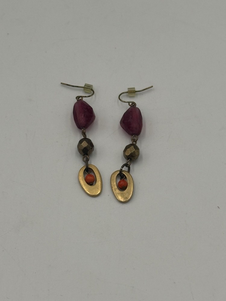 Artisan Brass Tone Dangle Earrings Pink Glass Beads Orange Accent Boho