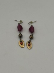 Artisan Brass Tone Dangle Earrings Pink Glass Beads Orange Accent Boho