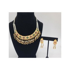 Artisan Choker Necklace Set Gold-Plated Metal, Pearls, & Multi-colored Enamel