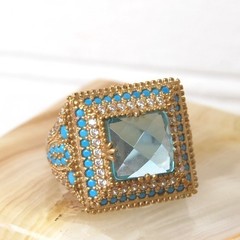 Handmade Turkish Ring Size 9 Sterling Silver & Gold-tone Aquamarine & Turquoise