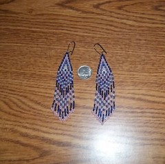 Frosted pink, blue & clear seed beads & blue bugle beaded pierced earrings.