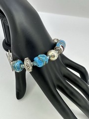 Vintage Handcrafted Blue / green / Red Lampwork Glass Bead Bracelet 925 Silver