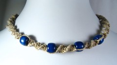 Handmade Hemp Twist Choker Necklace with Blue Wood Beads