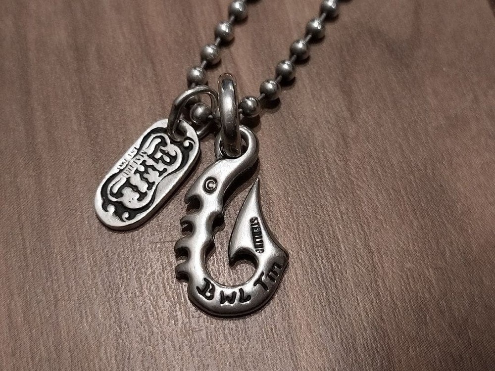 BWL Bill Wall Leather Fish Hook Pendant x BWL Tag Charm S925 Ball Chain Necklace