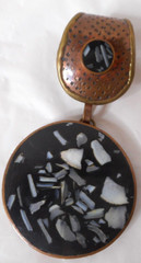 Artisian Made Mixed Materials Copper Abalone Shell Mosaic Pendant Chunky 3 3/4″