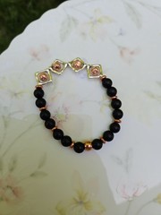 Beaded Stretch Bracelet Black Gold Round Square Metal Accents Unisex