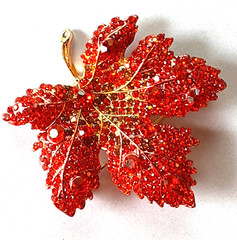 red orange FALL LEAF Brooch Glass AB crystals GIFT BOX Gold tone #BR10