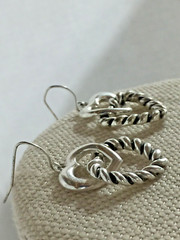 Lovely Artisan Silver Tone Double Heart Design Dangle Hook 1″ Earrings!