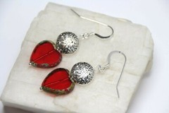 Red Heart Shape Glass Beads .925 Sterling Silver Earrings 1 7/8″ Pewter Spacers