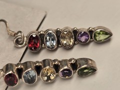 Sterling Silver Multi Gemstone Earrings Dangle Drop Colorful Artisan 1.5 Inch