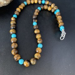 Navajo Blue Turquoise Brown Tigers Eye Sterling Silver Necklace 20″ 13895