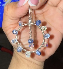 Silver Tone Round Hoop Handcrafted Earrings w/ Blue & Clear Simulated Crystals