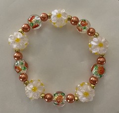 Ladies Beautiful Orange & Yellow Floral LampWork Beaded Stretch Bracelet 7.25”
