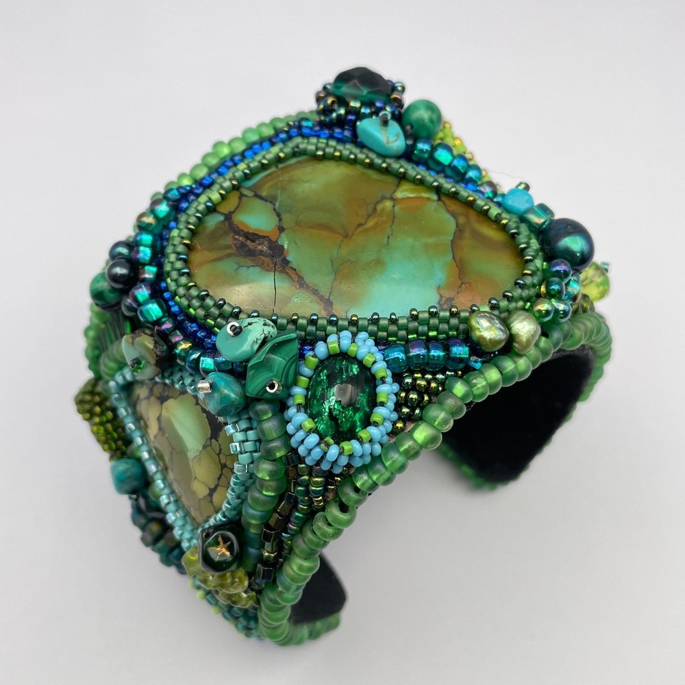 LARGE Beaded Turquoise Boho Cuff Bracelet Adjustable Statement Chunky Bracelet