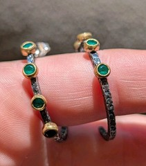 Designer BORA 14K Gold Green Onyx Oxidized 925 Sterling Silver Hoop Earrings