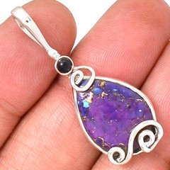 Copper Purple Turquoise and Black Onyx 925 Sterling Silver Pendant With Chain