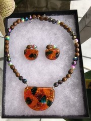 Handcrafted Glass Multicolor Jewelry Set Necklace Earrings Wood Bead Half Circle