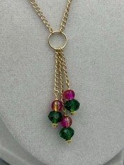 17-20“ Adjustable, Wickedly Cute, Green Crystal & Pink Glass Tassel Necklace