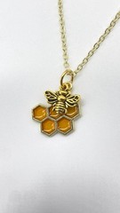 Handmade Gold Tone Bee and Enamel Honeycomb Charm Necklace 19 Inch Chain (New)