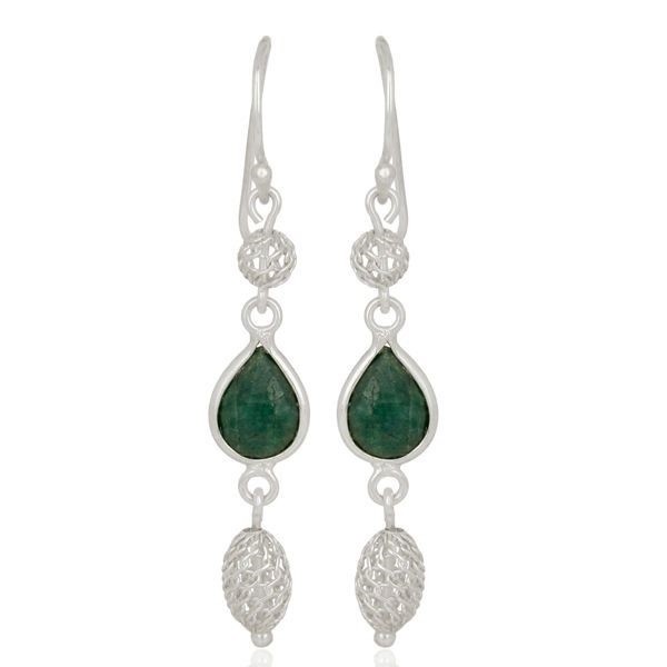 925 Sterling Silver Dyed Emerald Green Corundum Gemstone Dangle Earrings