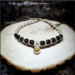 Hemp Necklace with Yellow Double Glass Mushroom & Dark Brown Wood Beads