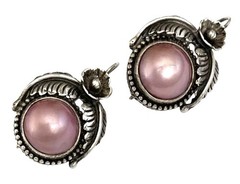 MERAV INDONESIA Sterling Silver Floral PINK PEARL Locking French Wire Earrings