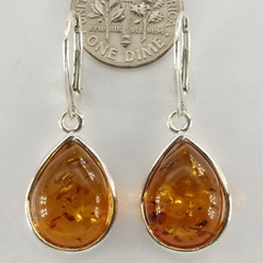 Cognac / Brown BALTIC AMBER Pear Teardrop Earrings 925 STERLING SILVER #1655e