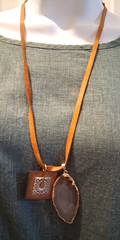 Agate Slice Necklace Natural Brown With Copper & Silver Pendant Leather Cord