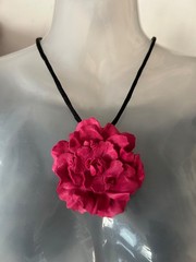 Handmade Raspberry Color Leather Flower / Black Mesh Choker