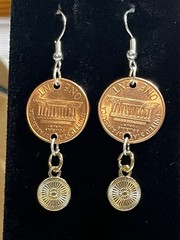Handcrafted 1989 Lincoln Penny Coin Purple Smiley Charm Hook Earrings