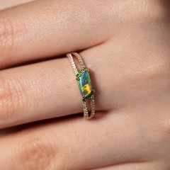 Black Opal Split Shank Engagement Ring with Diamond 14K Yellow Gold