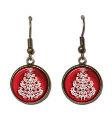 Holiday Magical White Christmas Tree on Red – Handmade Resin Dangling Earrings