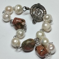 Handcrafted Natural Unakite Jasper & Pearl Bracelet & Earrings Set